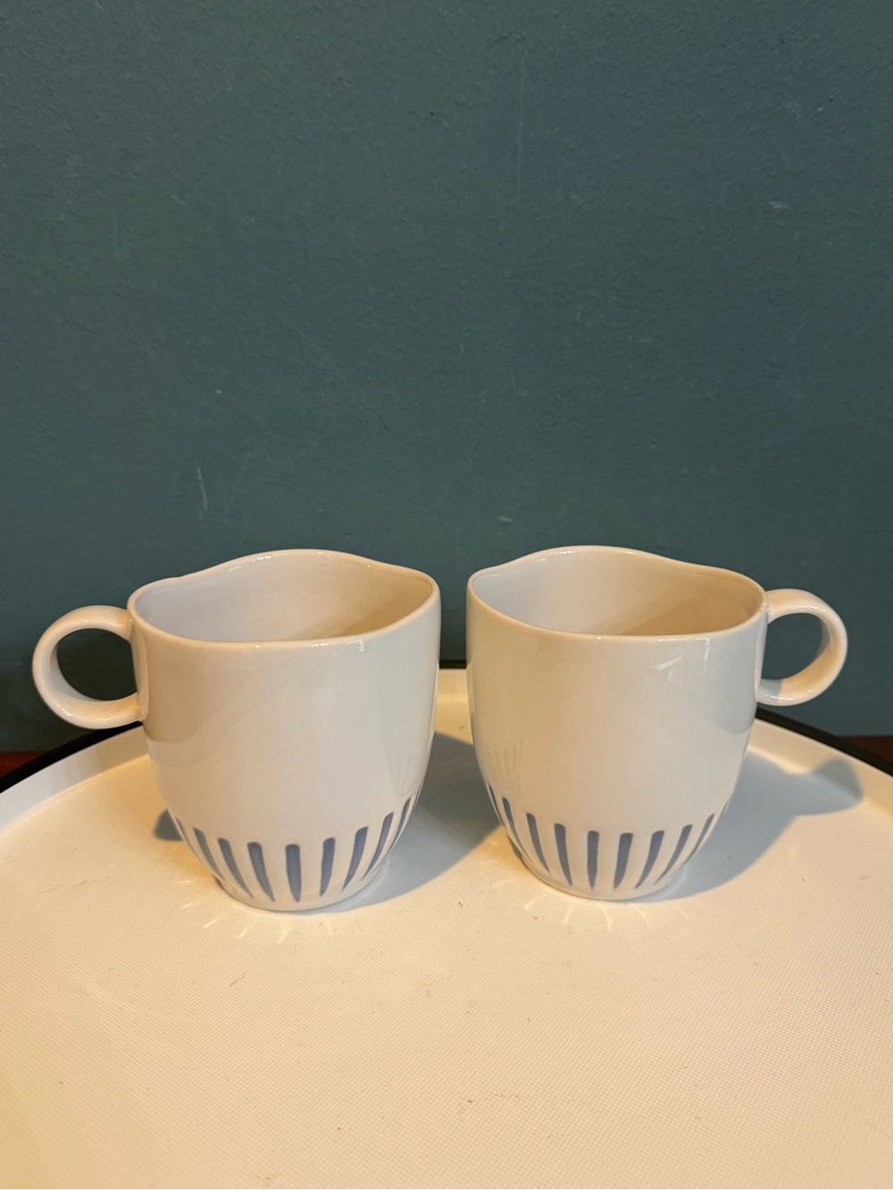 Pair Of Juliska Sitio White & Indigo Blue Stripe Mugs / Cups